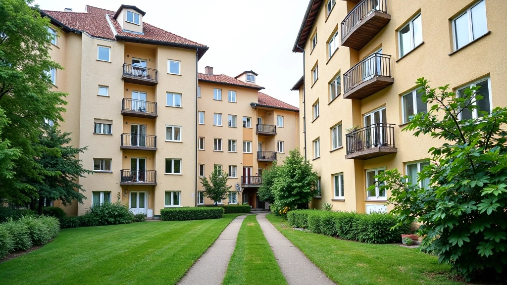 Wohnblock in ostdeutscher Stadt mit charakteristischer Architektur und grünen Pflanzen