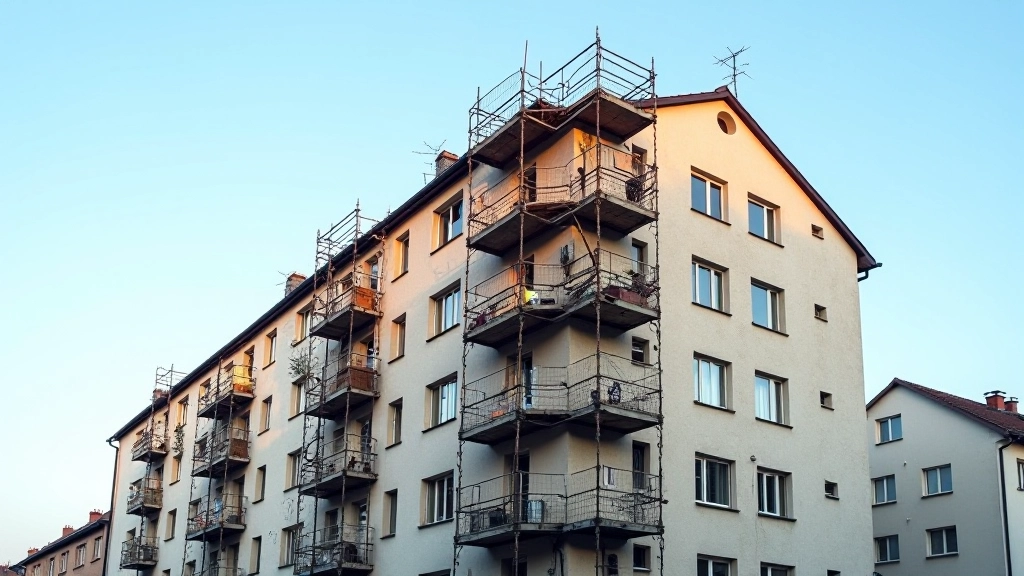 Historisches Gebäude in Ostdeutschland mit Sanierungsgerüsten und modernen Fensterrahmen