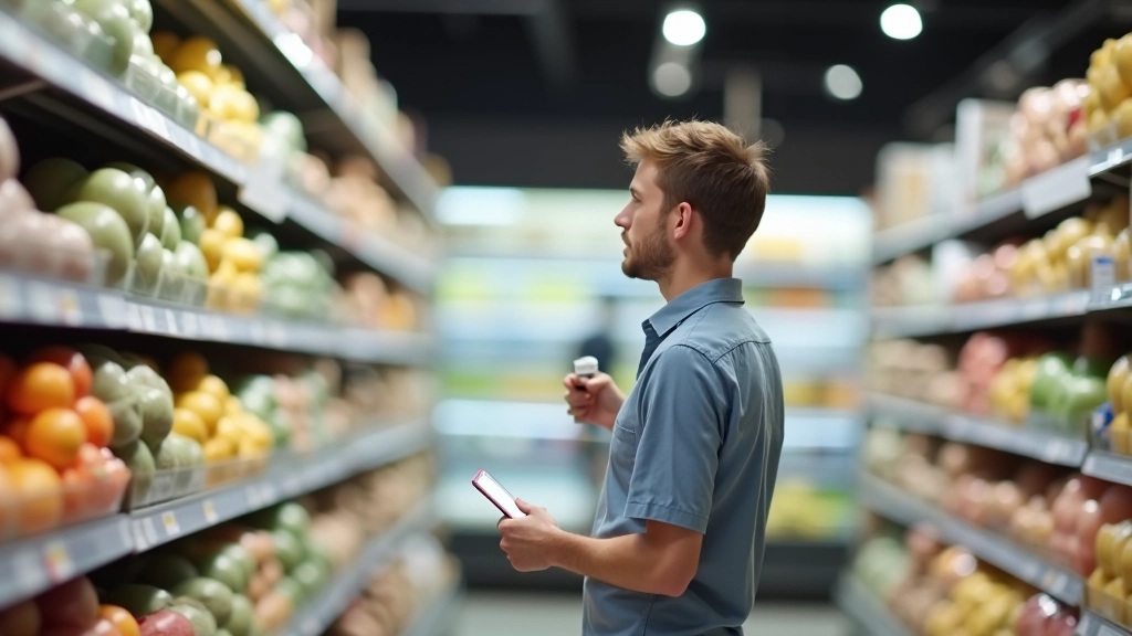 Person vergleicht Preise von Lebensmitteln auf Supermarktregalen mit Preisschildern