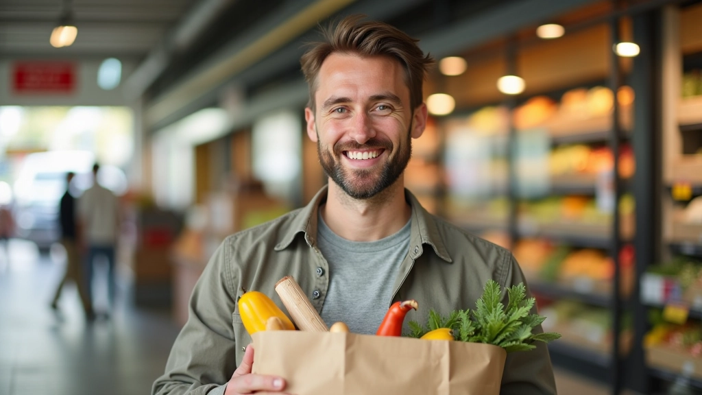 Zufriedener Kunde mit Einkaufstüte voller Lebensmittel am Supermarktausgang mit Lächeln