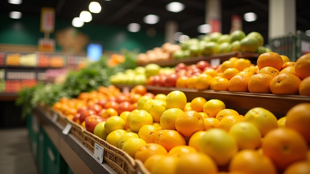 Fresh produce and groceries displayed in a supermarket with various fruits and vegetables