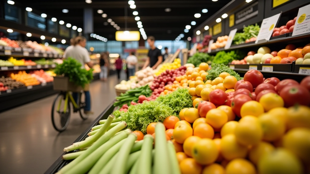 Supermarkt Gemüse und Obst Abteilung mit verschiedenen frischen Produkten und Preisschildern